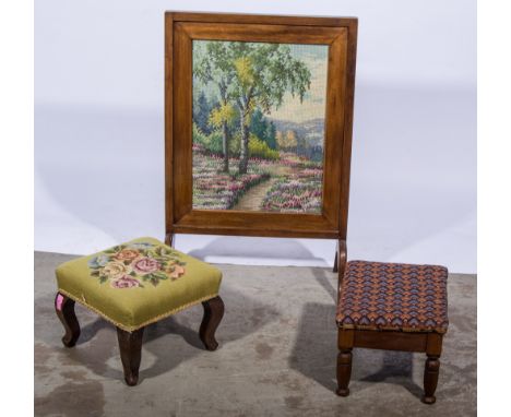 Footstool, wool work top, and another and fire screen with embroidered panel, (3).