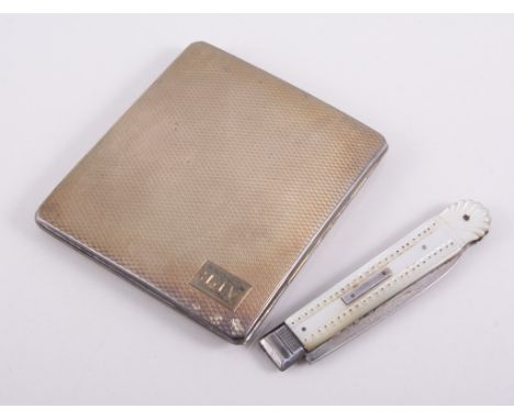 Silver engine turned cigarette case, 8cm x 7cm, Birmingham 1937, 2.5oz, silver fruit knife with mother-of-pearl handle hallma