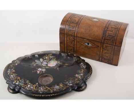 Victorian rosewood workbox, 30cms, a Victorian Tunbridge ware tea caddy and a papier mache desk stand, (3).