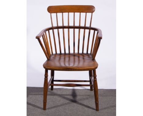 Set of stick back arm chairs, stained beech, bar backs above turned spindles, boarded seat, turned legs and rails, 59cm.
