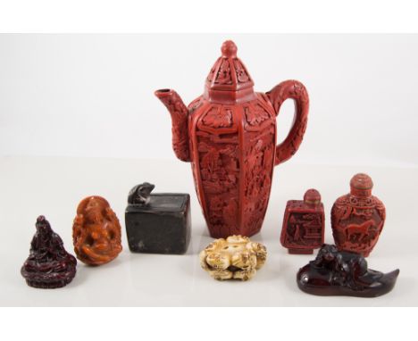 Cinnabar lacquer effect coffee pot, two snuff bottles, snake in a soapstone box, netsukes, etc (8)