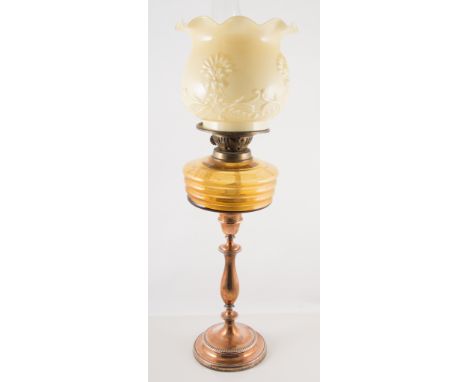 Brass oil lamp, moulded glass reservoir, matched opaque glass shade, with chimney, 66cms.