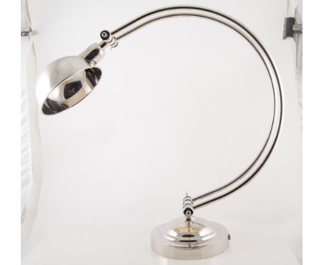Nickel-plated curved twin arm angled desk lamp, 54cm high