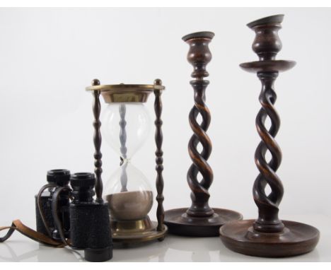 A pair of oak open barley twist candle sticks, binoculars, hour glass, serving trays, book shelf. etc. 