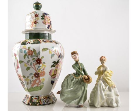 Royal Doulton toilet water jug, decorated with flowers, 27cm, a Mason's lidded jar 40cm, (damaged), Royal Doulton figure 'Gra