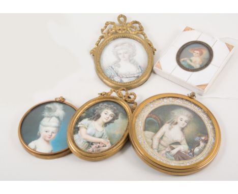 Four Portrait Miniatures, all portraits of ladies in period costume, in gilt metal mounts. (4)