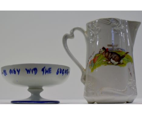 NOVELTY CARLTON WARE COMPORT "TOP O' THE MORNING TO YE" & NOVELTY VICTORIAN PORCELAIN JUG "THIS IS THE MAIDEN ALL FORLORN, TH