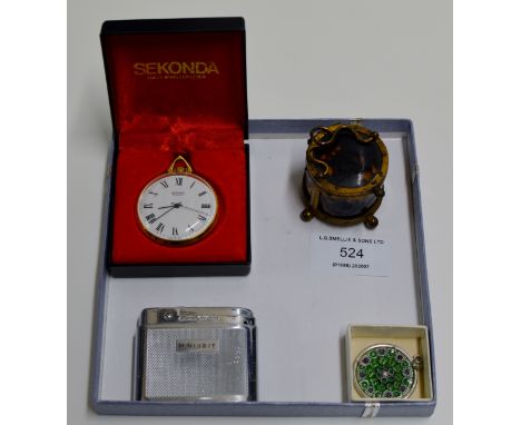 SEKONDA GILT POCKET WATCH, SILVER PENDANT, CIGARETTE LIGHTER & FAUX TORTOISE SHELL TRINKET BOX     