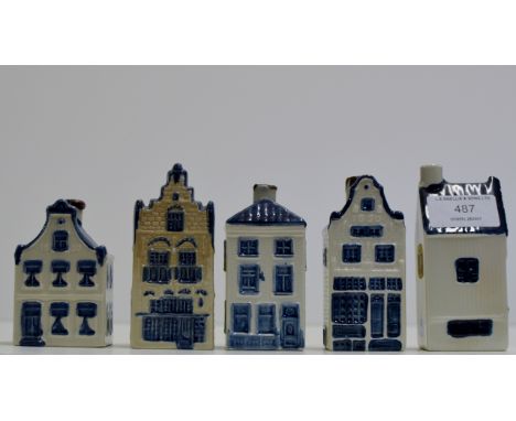 5 VARIOUS NOVELTY CERAMIC KLM DECANTERS MODELLED AS HOUSES     