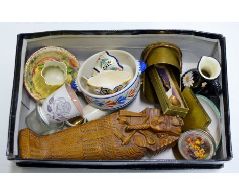 BOX CONTAINING LADIES COMPACTS, SOUVENIR SPOON IN BOX, MIXED CERAMICS, MALING BOWL, EGYPTIAN DISPLAY ETC     