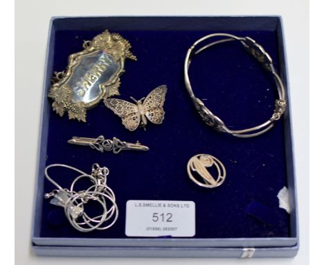 DECANTER TAG, SILVER BANGLE, SILVER BUTTERFLY BROOCH, RENNIE MACKINTOSH STYLE SILVER JEWELLERY ETC     