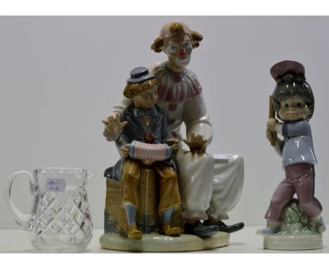 LARGE NAO DOUBLE FIGURINE, LLADRO FIGURE ORNAMENT & SMALL CUT CRYSTAL JUG     