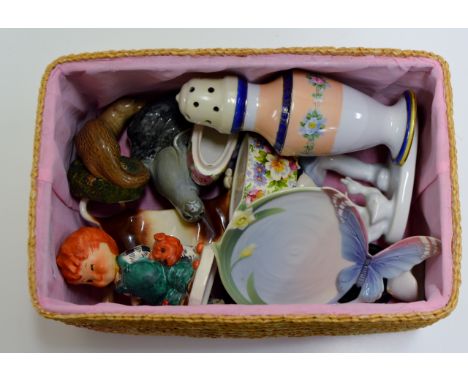 BOX CONTAINING GOEBEL FIGURINE ORNAMENT, NORITAKE SUGAR CASTER, COW CREAMER, WADE ORNAMENTS ETC     
