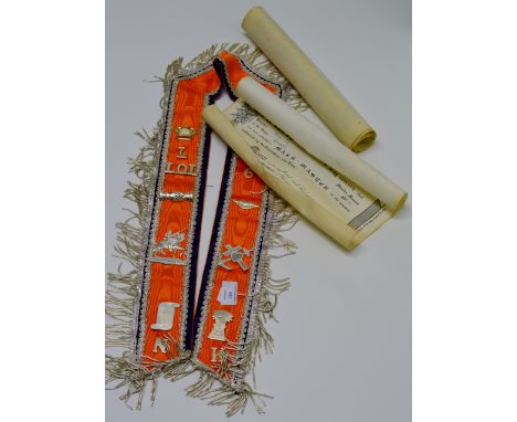 ORANGE LODGE SASH & 2 MASONIC CERTIFICATES     
