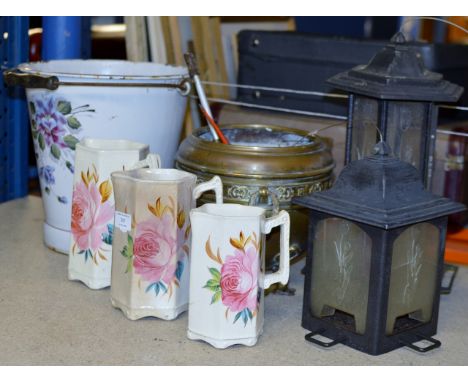 GRADUATED SET OF 3 JUGS, ENAMEL BUCKET, 2 LANTERNS, PLANTER ETC     