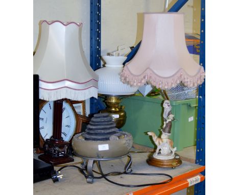 SMALL WATER FEATURE, 2 TABLE LAMPS & PARAFFIN LAMP WITH FUNNEL & SHADE     