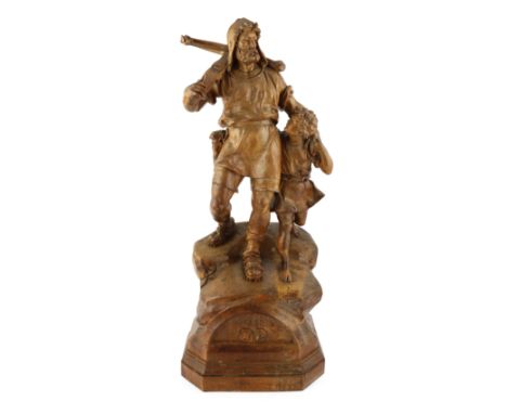 Jacob Abplanalp of Grindelwald, a carved group of William Tell and his son, standing upon a naturalistic base, dated 1307, si