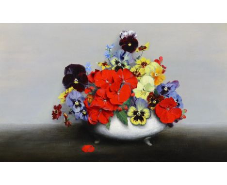 *§ Laurence Biddle (English, 1888-1968) ‘’Geranium’s, pansies, nemesia and coleopsis’trompe l’oeil style, oil on panelinscrib