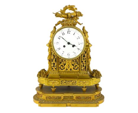 A 19th century French Louis XVI style ormolu mantel clock, with torch, bow and quiver finial over a foliate scroll and flower