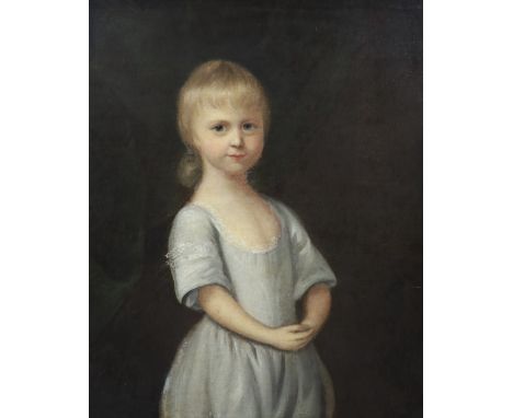 18th century English School Portrait of a child standing wearing a blue dressoil on canvas75 x 62cm***CONDITION REPORT***Oil 