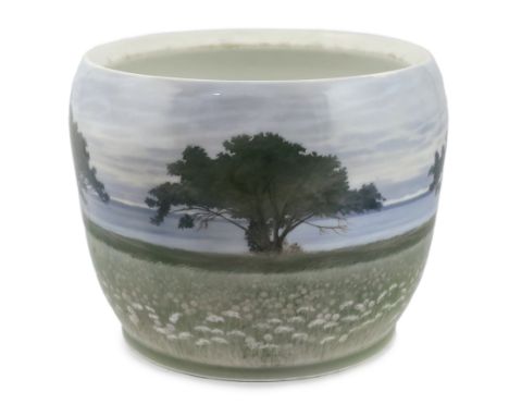 A large Royal Copenhagen jardiniere, 1920s, painted with a continuous seascape, green printed mark and underglaze blue waves 