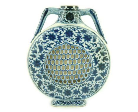 A Chinese blue and white moonflask, Daoguang six character mark and of the period, with honeycomb pierced peach shaped reserv