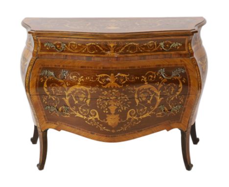 A Continental marquetry inlaid serpentine bombé commode, fitted three long drawers, on scroll legs, 130cm wide, 54cm deep, 94