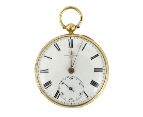 A Victorian engine turned 18ct gold open faced key wind pocket watch, by Grant of London, with Roman dial and subsidiary seco