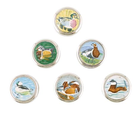 An Elizabeth II set of six limited edition Peter Scott Wildfowl Trust silver and enamel circular pill boxes and covers, by Th