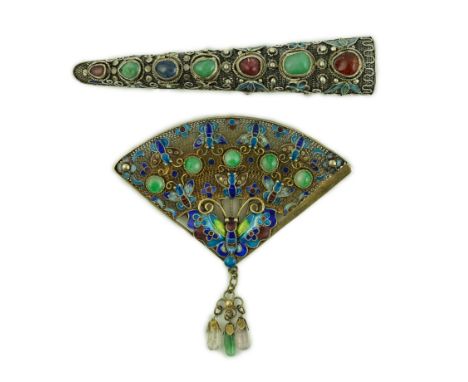 A Chinese silver, enamel and jadeite 'fan' brooch, width 69mm and a similar nail guard brooch, 87mm, gross weight 32 grams.**