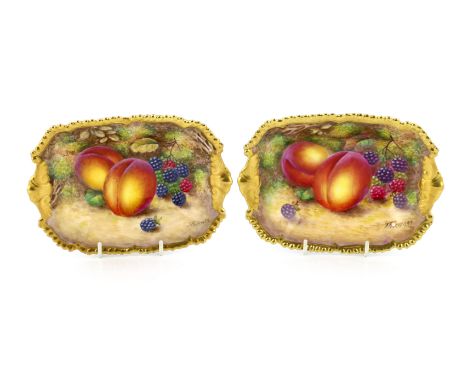 Two Royal Worcester fruit painted dishes, by T. Freeman, mid 20th century, with gadrooned gilt edges, black printed marks and