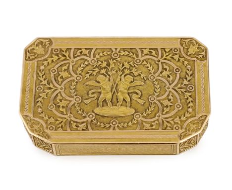 * A 19th century Swiss engraved gold table snuff box, decorated with cherubs amid foliage and scrolls, with canted corners an