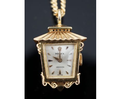 A lady's novelty gold Rolex pendant fob watch, modelled as a lantern, with baton numerals, together with an 18ct gold chain, 