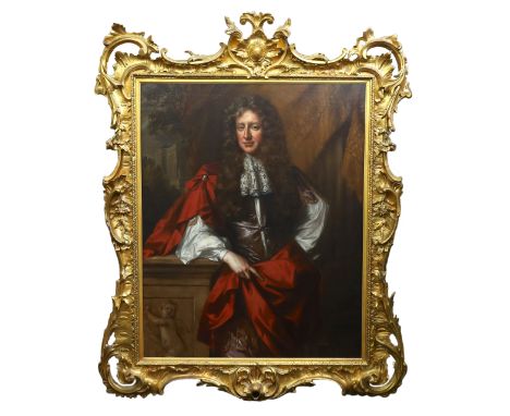 * Follower of Willem Wissing (1656-1687) Portrait of a gentleman, three quarter length, in a brown waistcoat, lace jabot and 