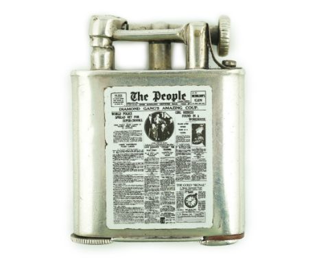 A George V silver novelty lighter, with two colour enamelled panel of 'The People' newspaper front cover dated May 5th, 1929,