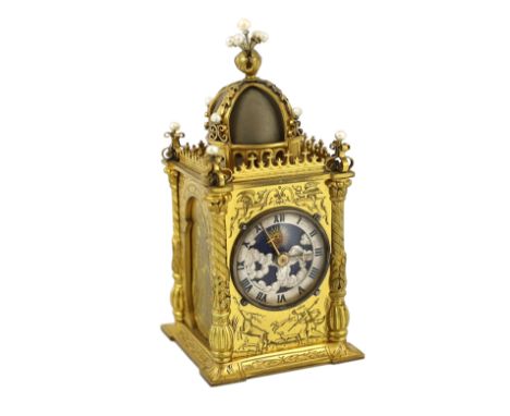 An early 20th century French miniature timepiece modelled on a 17th century domed bell clock, the silvered Roman dial with su