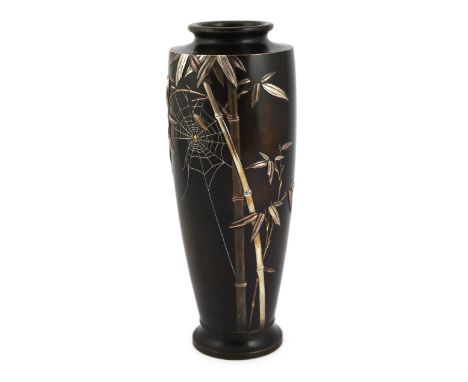 A Japanese bronze, silver and gold overlaid vase, Kyoto Kuroda zo workshop, Meiji period, decorated with a spider on a web su