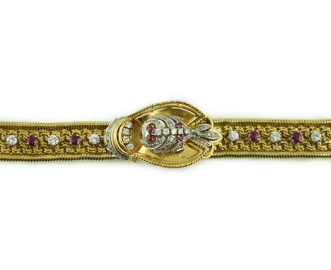 A lady's 18ct gold, ruby and diamond cluster set Rolex manual wind cocktail watch, the dial with ruby and diamond set hinged 