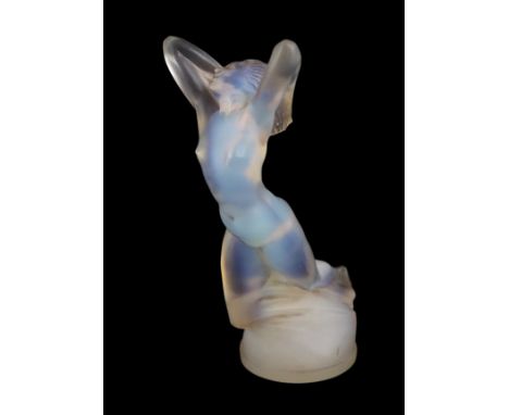 A Rene Lalique opalescent glass Vitesse car mascot, model 1160, c.1929, moulded R. Lalique signature, 6.5cm diameter, 18cm hi
