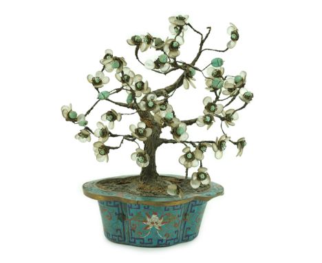A Chinese cloisonné enamel jardiniere housing a glass mounted model tree, 19th century, 29.5cm high***CONDITION REPORT***Rath