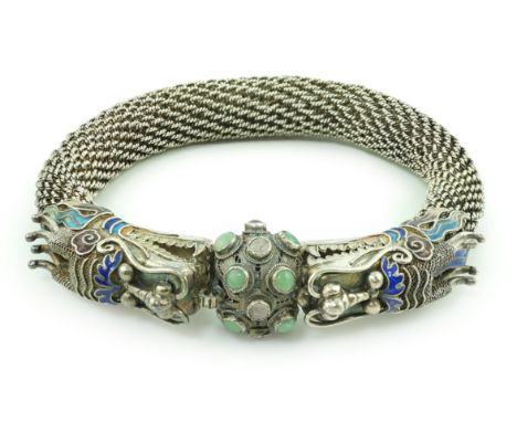 A Chinese silver, enamel and crystal 'dragon' bracelet, first half of 20th century, interior diameter approx. 72mm, gross wei