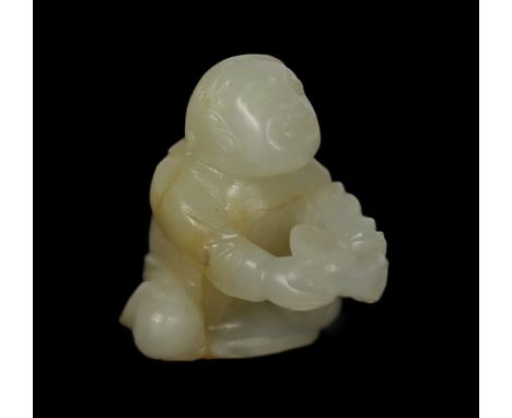 * A Chinese white and russet carved jade figure of Liu Hai, 17th century, modelled kneeling, with outstretched arms, offering