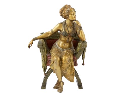 * Franz Xavier Bergmann (1861-1936). An Austrian cold painted and patinated cast bronze figure of a Turkish dancing girl seat