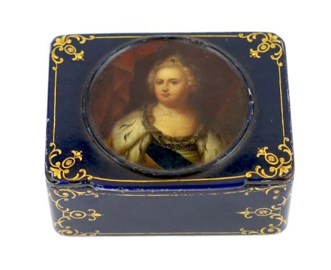 * * A Russian lacquer Catherine II portrait snuff box, by Lukutin, c.1840, painted with a miniature portrait of Catherine II 