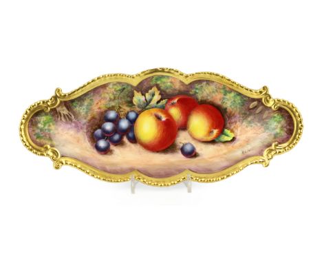 A Royal Worcester fruit painted lozenge shaped dish, by R. Lewis, with gilt gadrooned scrolling borders, black printed mark a