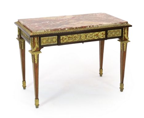 *A late 19th century Louis XVI style ormolu mounted mahogany, bois satine and sycamore centre table, with Sarrancolin marble 