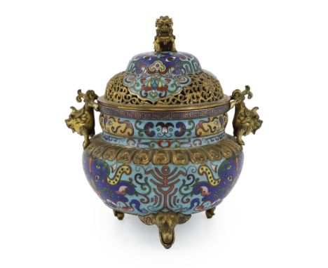 A Chinese cloisonné enamel and gilt bronze mounted censer and cover, 19th century, finely decorated in colours with taotie ma