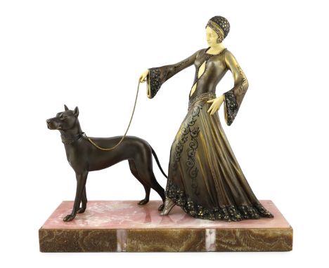 G. Gori, a French Art Deco bronze, simulated ivory and marble Art Deco group of a medieval lady with a hound, on signed pink 