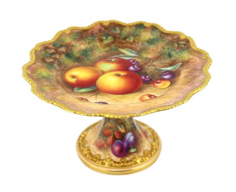 A Royal Worcester fruit painted comport, by H. Ayrton, 1960s, the dish top and stem both painted with fruit, black printed ma