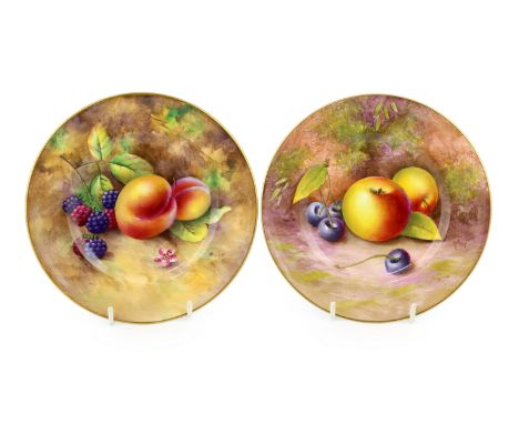 Two Royal Worcester fruit painted tea plates, mid 20th century, by B. Cox and L. Maybury, black printed mark and date codes f
